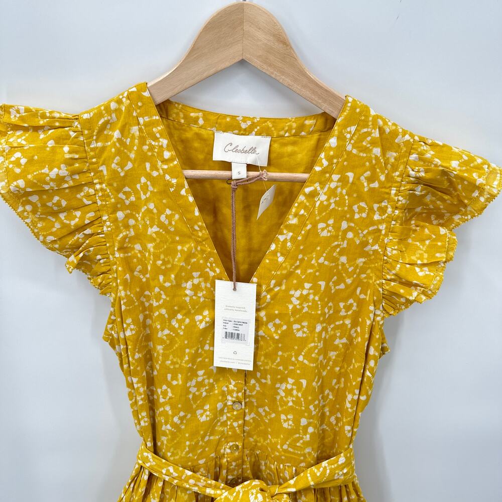 CLEOBELLA NWT Zia Organic CottonRuffle Tie Waist Mini Dress in Mustard // S - Picture 9 of 16